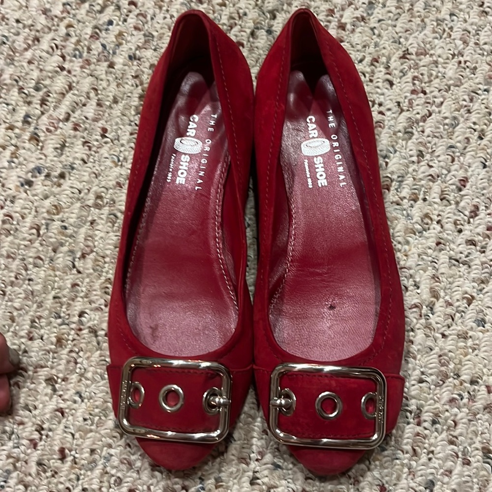Prada the original Car shoe, red suede, silver buckle, never worn